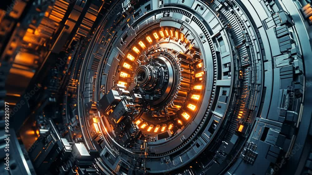 Aufkleber exploring intricate mechanisms of futuristic technology in illuminated circular structures