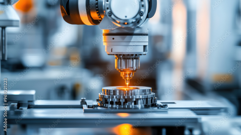 Poster automated robotic arm performing final quality inspection on precision component in modern manufactu