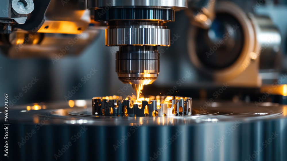 Poster high tech robot performing final quality inspection on precision part, showcasing advanced manufactu