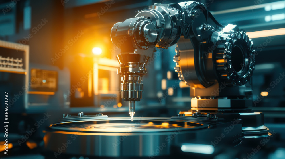 Poster a robotic arm is performing final quality inspection on product in high tech environment, showcasing