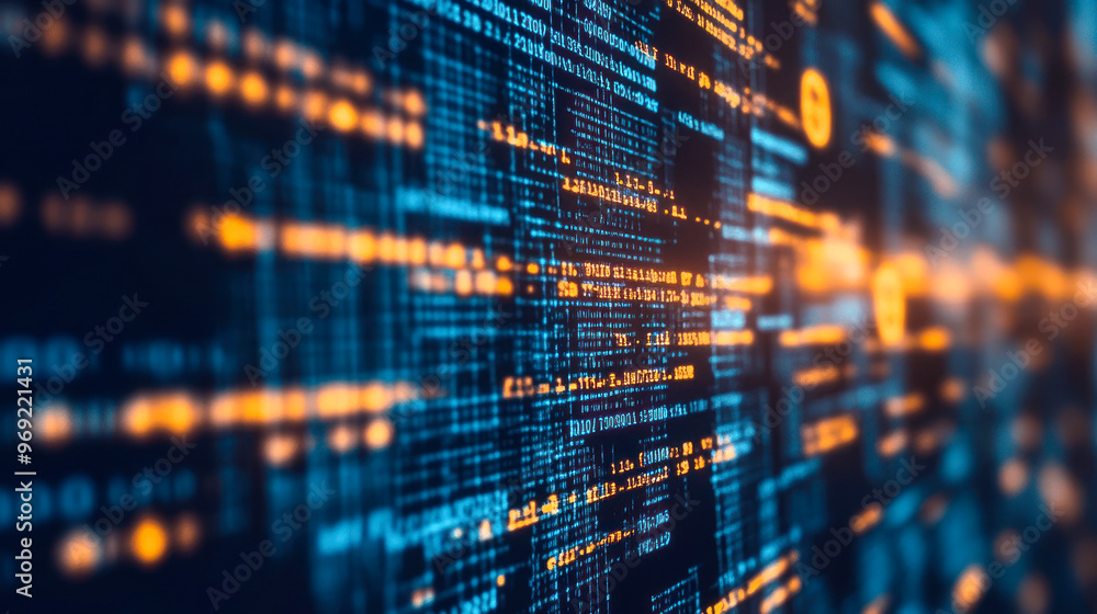 Poster abstract digital computer technology business background. Data Analysis and Access to Digital Data, Digital Cyberspace with Particles and Digital Data Network Connections. Selective focus