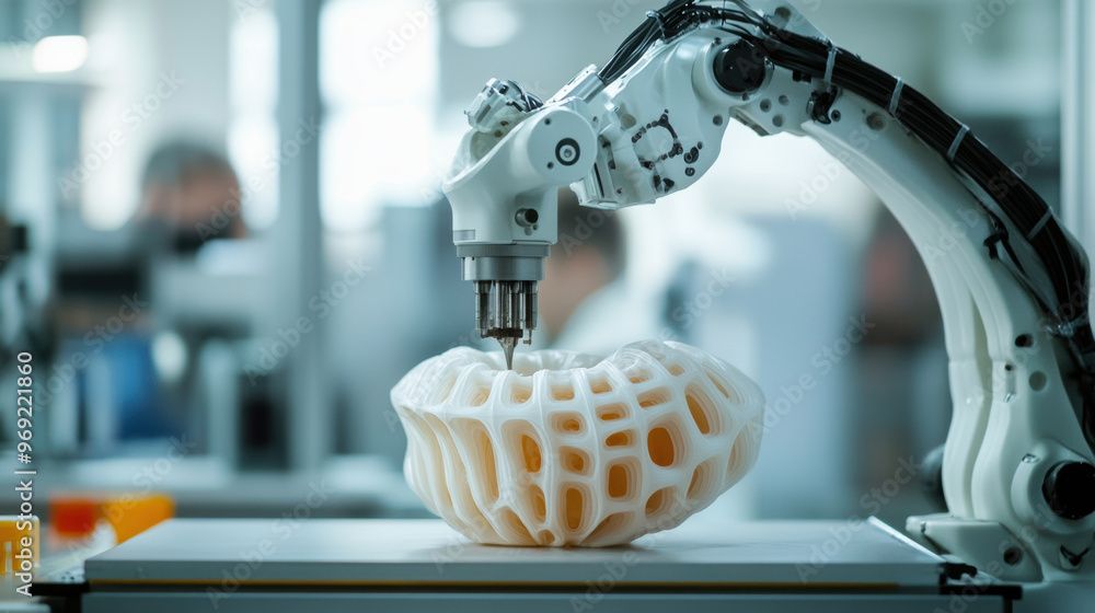Poster a robotic arm is performing quality control scan on 3d printed object, showcasing advanced technolog