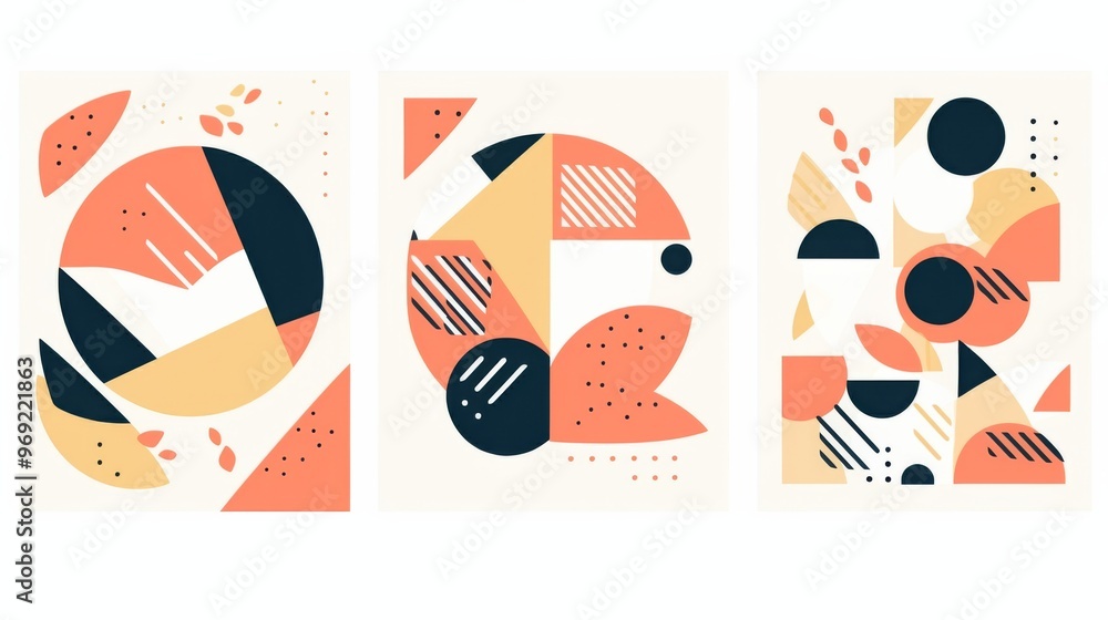 Poster set of 3 abstract modern minimalist compositions featuring geometric shapes. flat vector illustratio