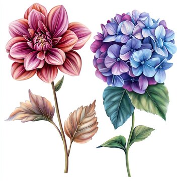 Beautiful illustration of a dahlia and hydrangea flowers in vibrant colors with intricate petal details and lush green leaves.