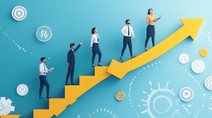 Fototapeta premium Sustainable growth, long term success or growing business with winning strategy, improvement or steps to team success, productivity concept, business people employee step up sustained growth arrow