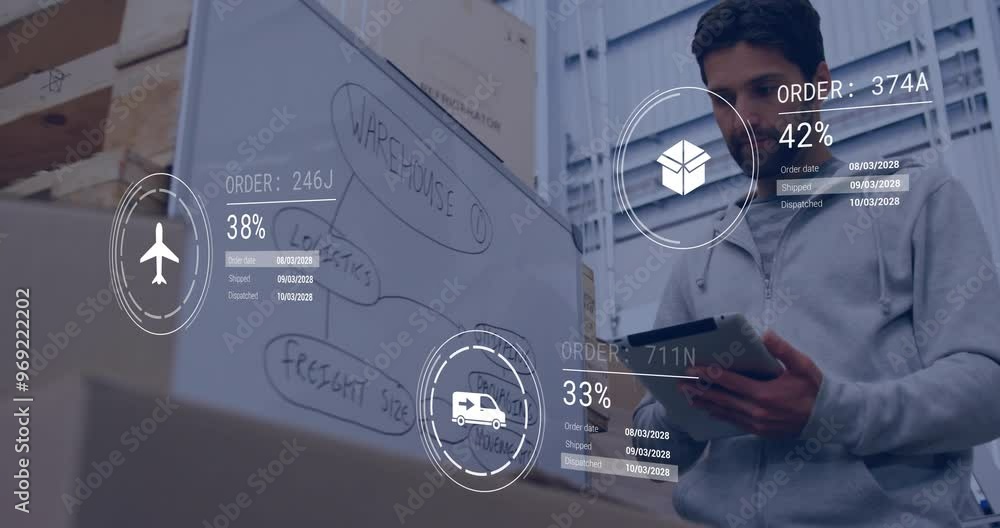 Poster animation of icons and data processing over biracial man working in warehouse