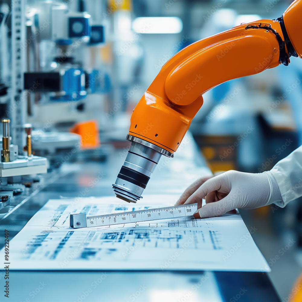 Aufkleber a robotic arm is inspecting product on factory conveyor, showcasing advanced automation technology i