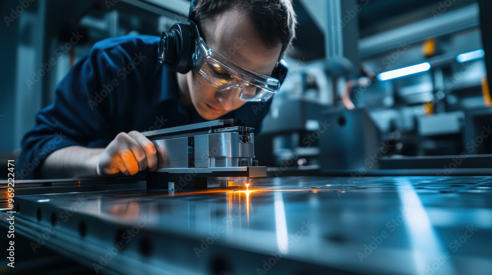 Poster technician checking product alignment with laser in manufacturing facility, showcasing precision and