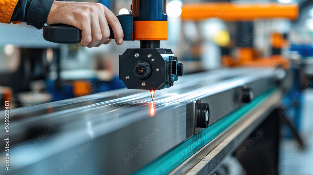 Poster technician checking product alignment with laser in manufacturing setting, ensuring precision and qu