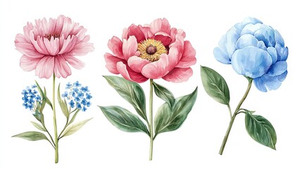Beautiful watercolor flowers featuring peonies and forget-me-nots, perfect for floral designs and nature-themed projects.