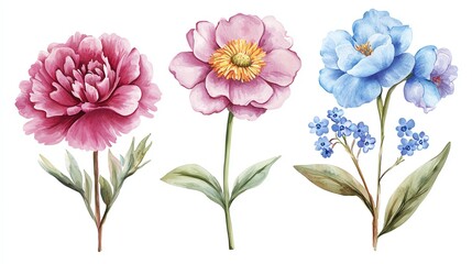 Beautiful watercolor flowers featuring peony and forget-me-not, perfect for nature-themed designs and floral decorations.