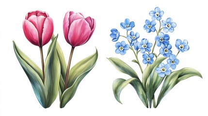 Obraz premium Colorful illustration of pink tulips and blue forget-me-nots, perfect for spring-themed designs and floral decorations.