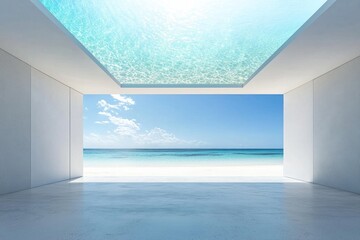 A surreal modern empty room with clear water on the ceiling,  white beach view 