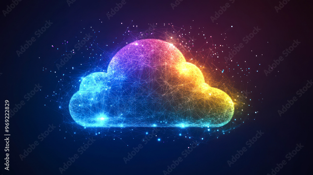 Poster Digital cloud computing technology concept. cloud computing. The data transfer and storage concept consists of a white polygonal interconnected structure within it
