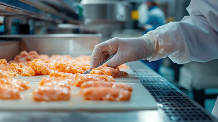 Worker performing manual quality check on food in processing facility, ensuring safety and hygiene standards are met. focus is on careful handling of food products