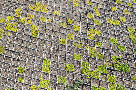 Polymer mesh for soil avalanche control. Covering the ground in a diamond pattern. Filling the ground with stone and grass