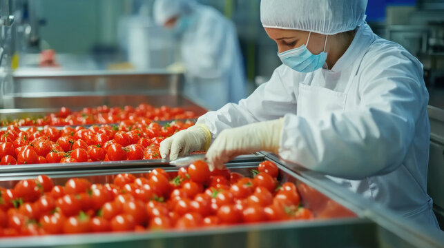 A worker performing manual quality check on fresh tomatoes in food processing facility, ensuring high standards of quality and safety. environment is clean and organized