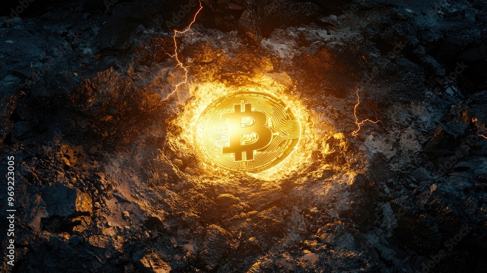 Canvas Prints A Bitcoin inside the Earth's core, lightening, dramatic lighting