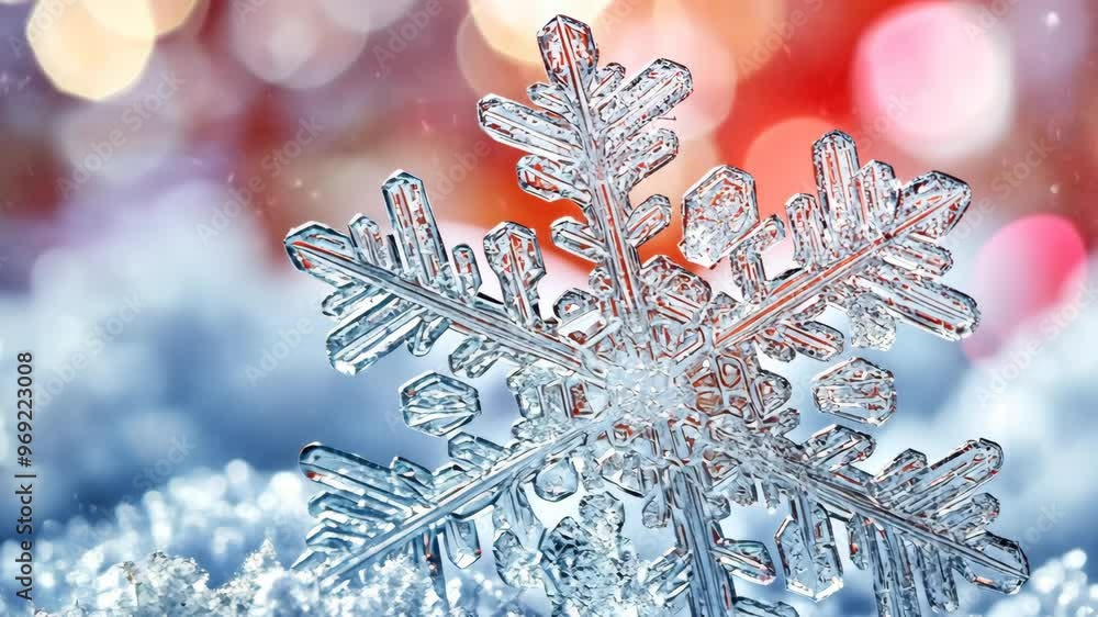 Poster intricate snowflake resting on sparkling frost in a winter wonderland with colorful bokeh background