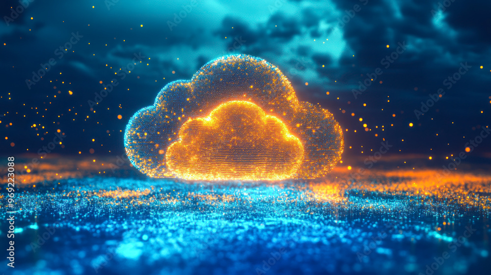 Poster Digital cloud computing technology concept. cloud computing. The data transfer and storage concept consists of a white polygonal interconnected structure within it