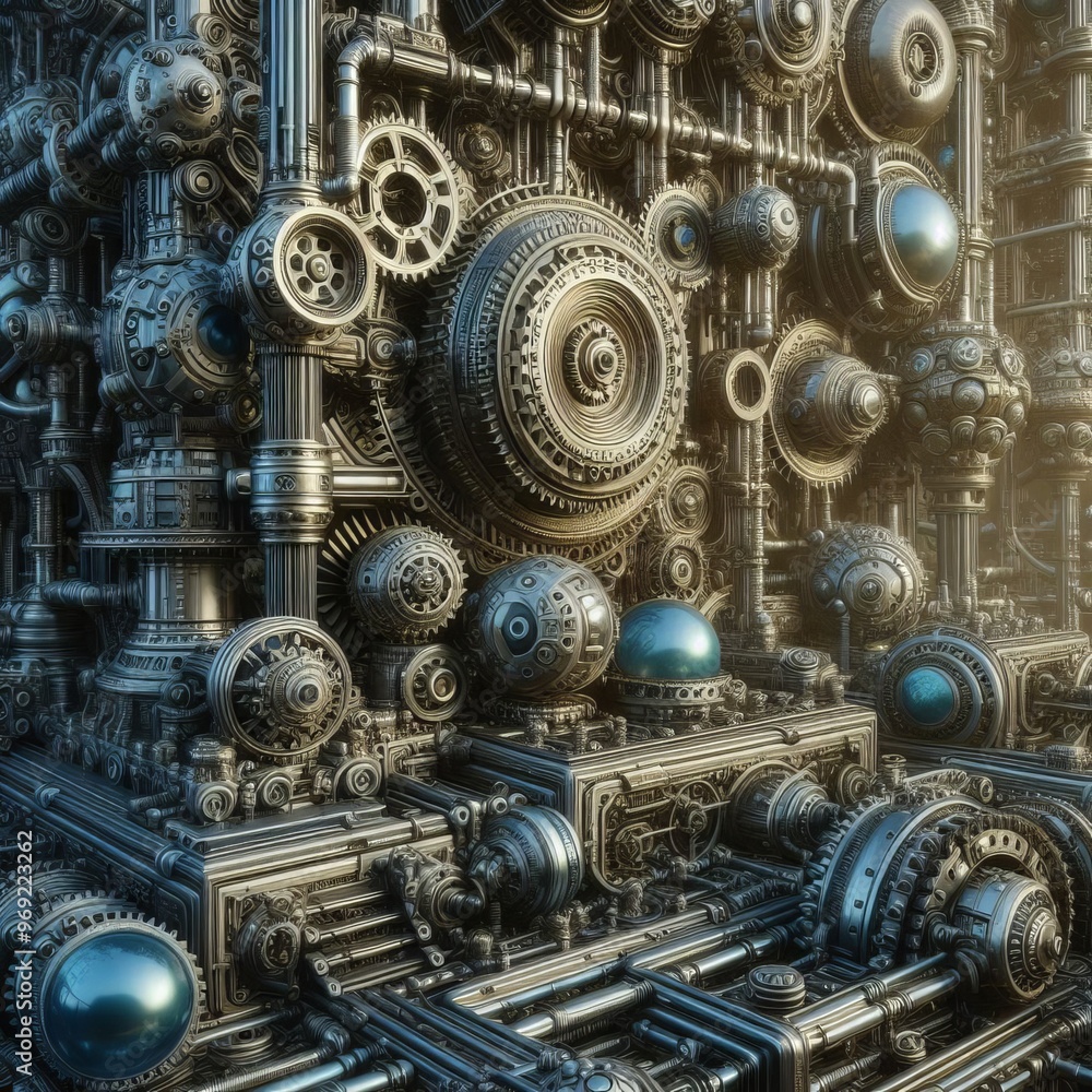 Poster an intricate arrangement of mechanical gears, highlighting the complexity and precision of industria