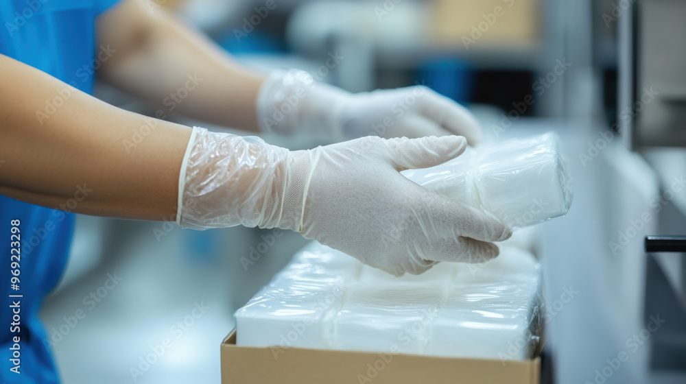 Poster a worker using gloves to handle delicate products in clean environment, ensuring safety and hygiene 