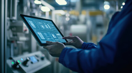 A worker is using tablet to monitor production quality in an industrial setting, showcasing advanced technology and attention to detail