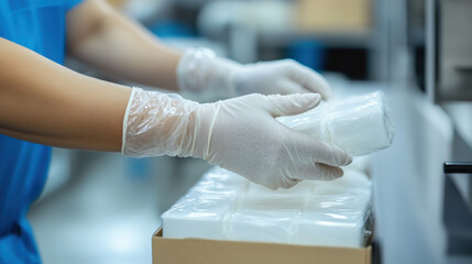 A worker using gloves to handle delicate products in clean environment, ensuring safety and hygiene during packaging process. focus is on precision and care