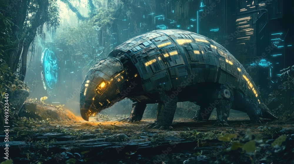 Poster a futuristic armadillo with a tech shield digs through digital terrain, uncovering an ancient tech r