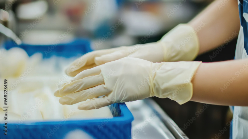 Poster worker using gloves to handle delicate products with care and precision, ensuring hygiene and safety