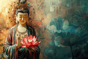 Fototapeta premium A serene depiction of goddess Guanyin holding lotus flower, radiating peace and compassion