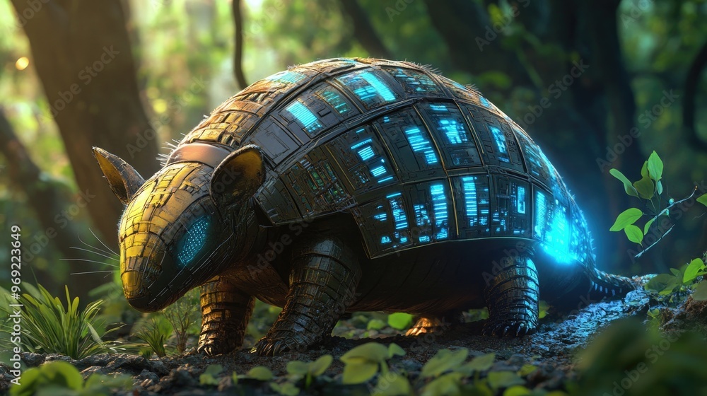 Poster a futuristic armadillo with a tech shield digs through digital terrain, uncovering an ancient tech r