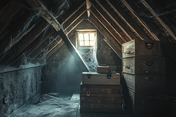 Obraz premium A creepy attic with dusty boxes, cobwebs, and sense of mystery