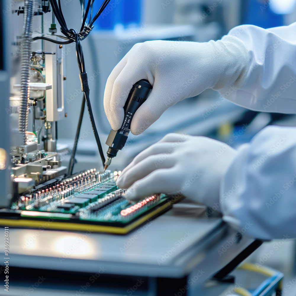 Poster a worker wearing gloves is testing an electronic component with precision and care, ensuring quality