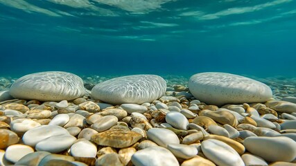 Underwater view of smooth stones resting gently on the sandy bottom in clear blue water during midday