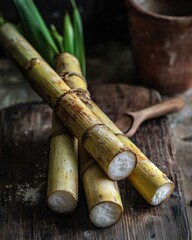 Sugar Cane Stalks Crossed with a Muddler on a Rustic Table