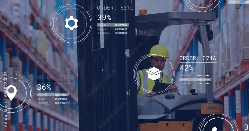 Poster animation of icons and data processing over caucasian man working in warehouse