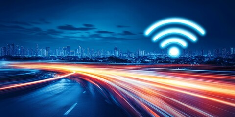 Cityscape with glowing Wi-Fi symbol and light trails.