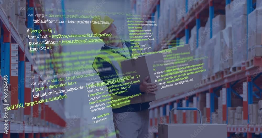 Aufkleber animation of data processing over caucasian man working in warehouse