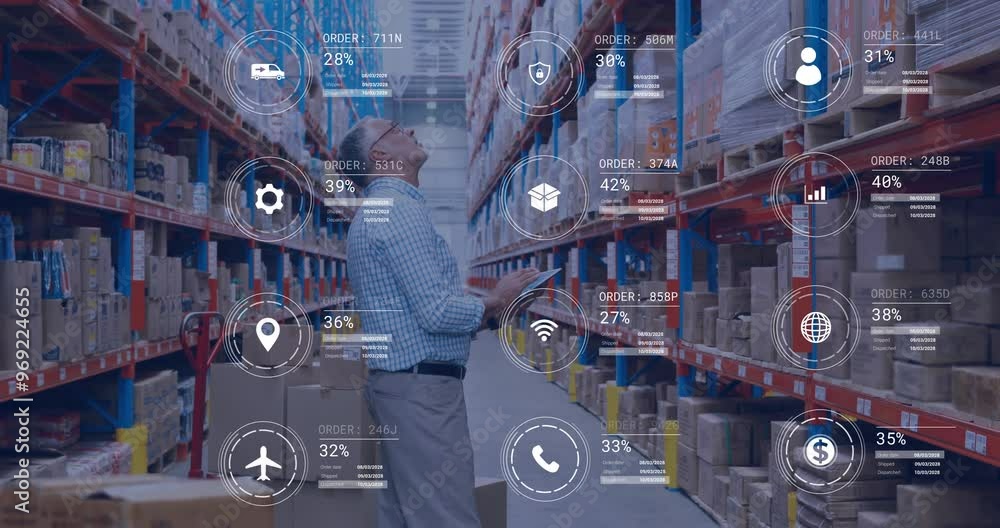 Aufkleber animation of icons and data processing over caucasian man working in warehouse