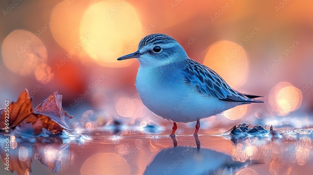 Poster a small bird standing on a reflective surface amidst colorful bokeh.