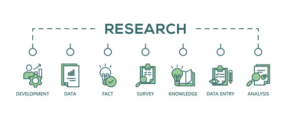 Research banner web icon vector illustration concept with icon of analysis, data, survey, development, fact, knowledge and data entry
