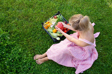 A blonde girl in a striped summer dress sits on the soft grass near the basket and holds a huge tomato in her hands.