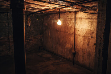 Obraz premium A dimly lit basement with flickering light bulb creates an eerie atmosphere