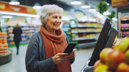 Smiling elderly Woman At self-service Counter Buys food, Paying with Contactless NFC Smartphone Touching Terminal in supermarket or grocery store. contactless payment, payment without queues