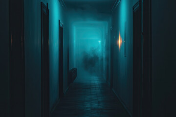 A dimly lit hallway with flickering lights and sinister atmosphere evokes mystery
