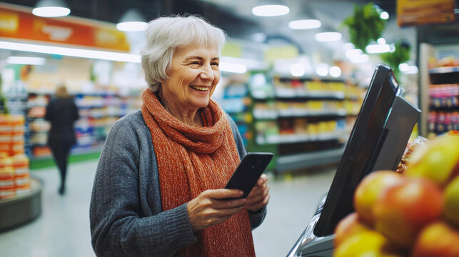 Smiling elderly Woman At self-service Counter Buys food, Paying with Contactless NFC Smartphone Touching Terminal in supermarket or grocery store. contactless payment, payment without queues