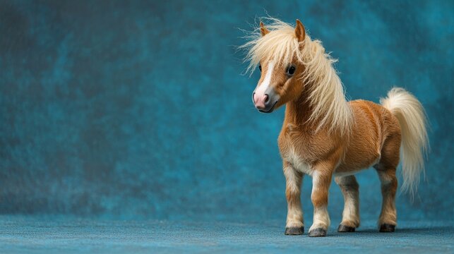A miniature dwarf horse standing proud on a vibrant blue backdrop, its mane blowing in the wind