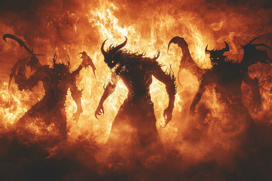 Dramatic scene of demonic figures in flames, evoking fear and power