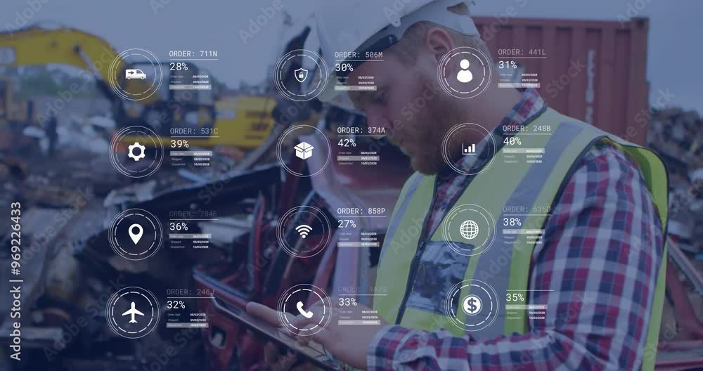 Poster animation of icons and data processing over caucasian man working in warehouse